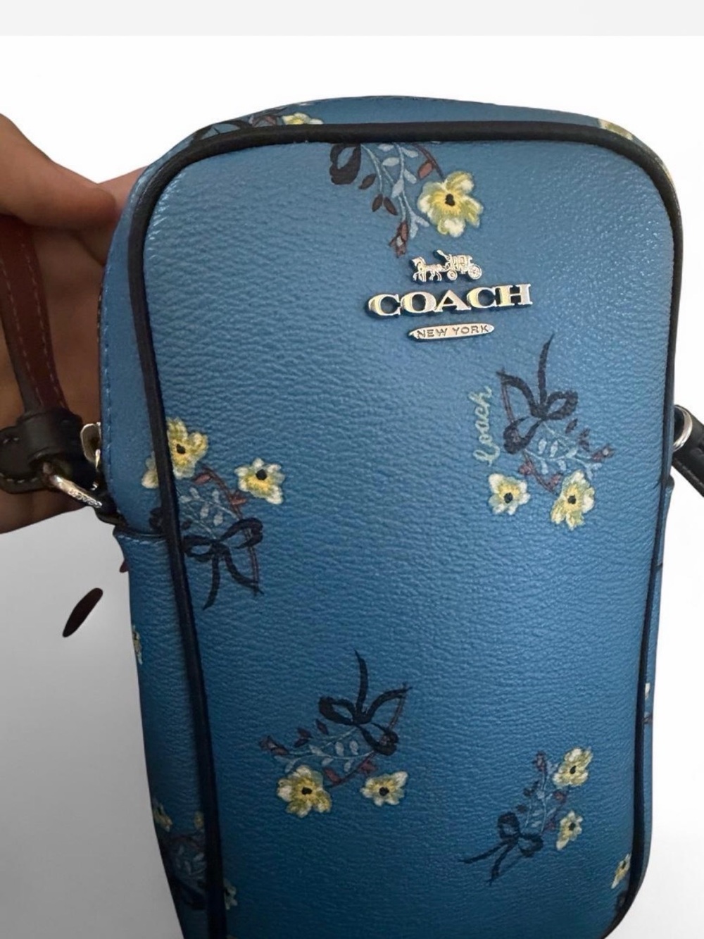 COACH Blue Floral Crossbody Phone Pouch with Yellow Accents